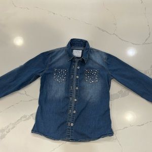 Justice Girls Button Down Distressed Denim Shirt with rhinestones